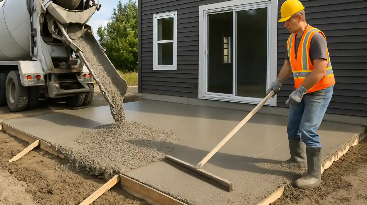 a man spreading the cement a truck is pouring to build a patio from Concrete Contractor Austin in Buda, TX - Buda TX