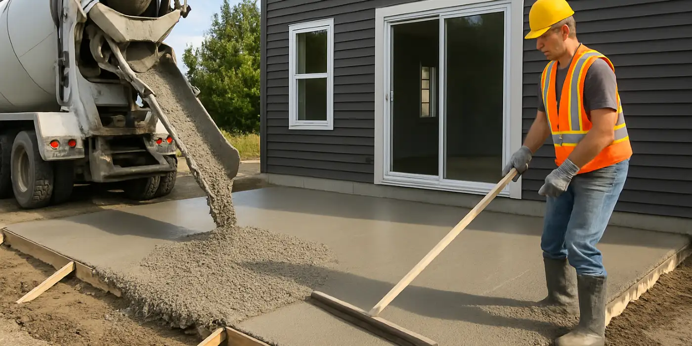 a man spreading the cement a truck is pouring to build a patio from Concrete Contractor Austin in Buda, TX - Buda TX