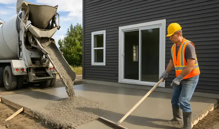 a man spreading the cement a truck is pouring to build a patio from Concrete Contractor Austin in Buda, TX - Buda TX