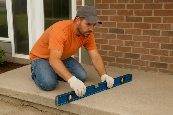 a male worker leveling a concrete slab porch from Concrete Contractor Austin in Cedar Park, TX - Cedar Park TX