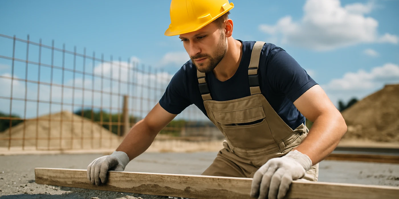 a male concrete worker spreading fresh cement on rebared ground from Concrete Contractor Austin in Austin, TX - Concrete Footing Services