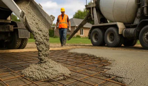 Cement truck pouring cement on a rebared ground from Concrete Contractor Austin in Austin, TX - Concrete Parking Lot Building