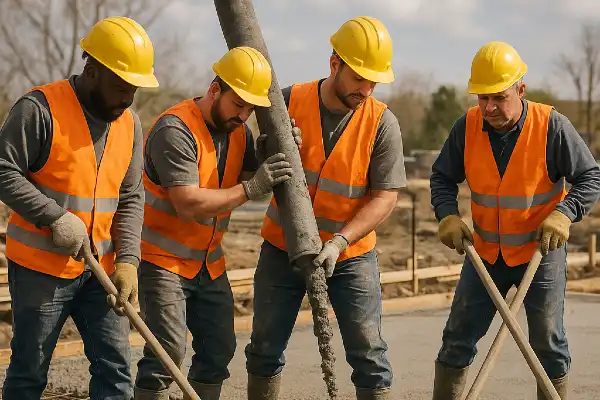 4 workers pouring and spreading concrete on the ground from Concrete Contractor Austin in Austin, TX - Concrete Parking Lot Building