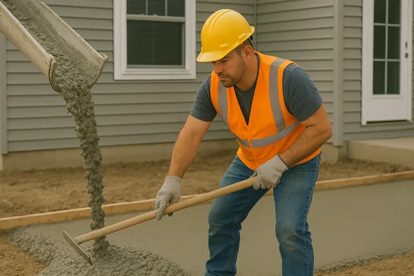 a man spreading the cement that a truck is pouring on the ground from Concrete Contractor Austin in Austin, TX - Concrete Resurfacing