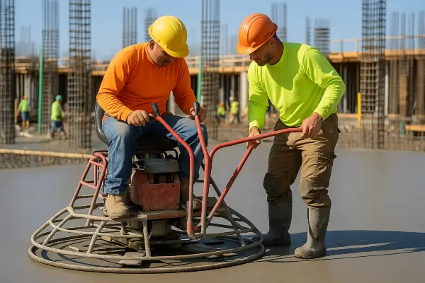 2 men using a machine to finish a concrete slab foundation from Concrete Contractor Austin in Austin, TX - Concrete sidewalk building
