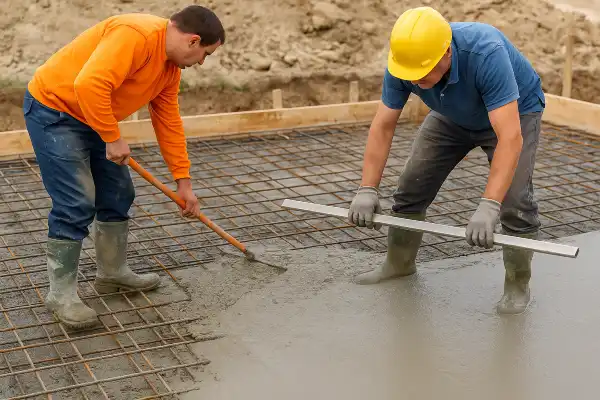 2 workers spreading fresh cement on a rebared ground from Concrete Contractor Austin in Austin, TX - Concrete Slab Foundation