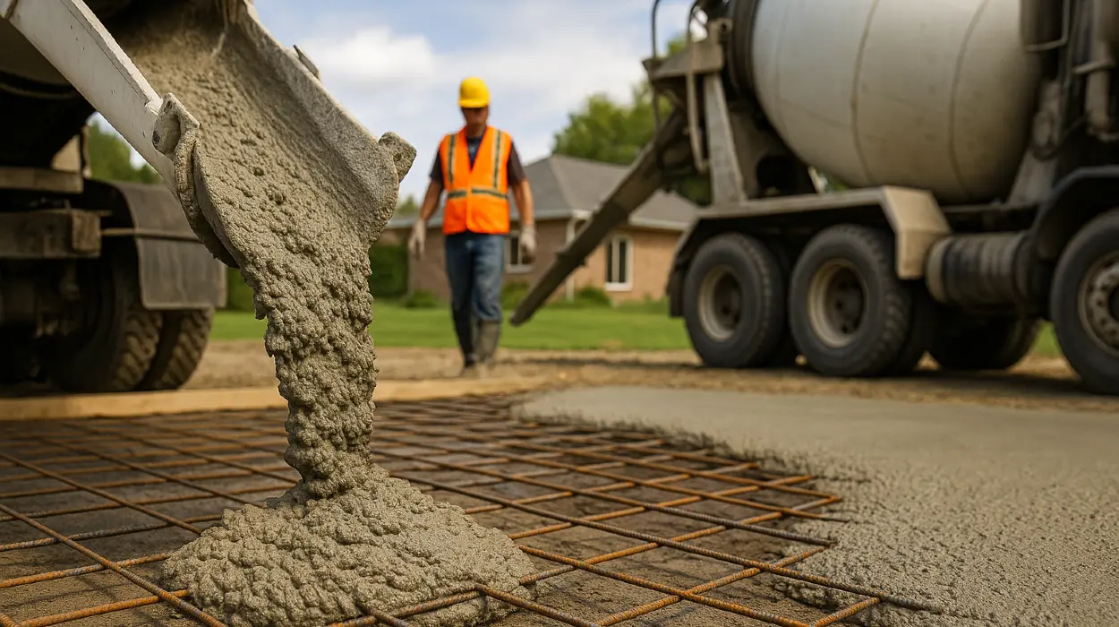 Cement truck pouring cement on a rebared ground from Concrete Contractor Austin in Georgetown, TX - Georgetown TX