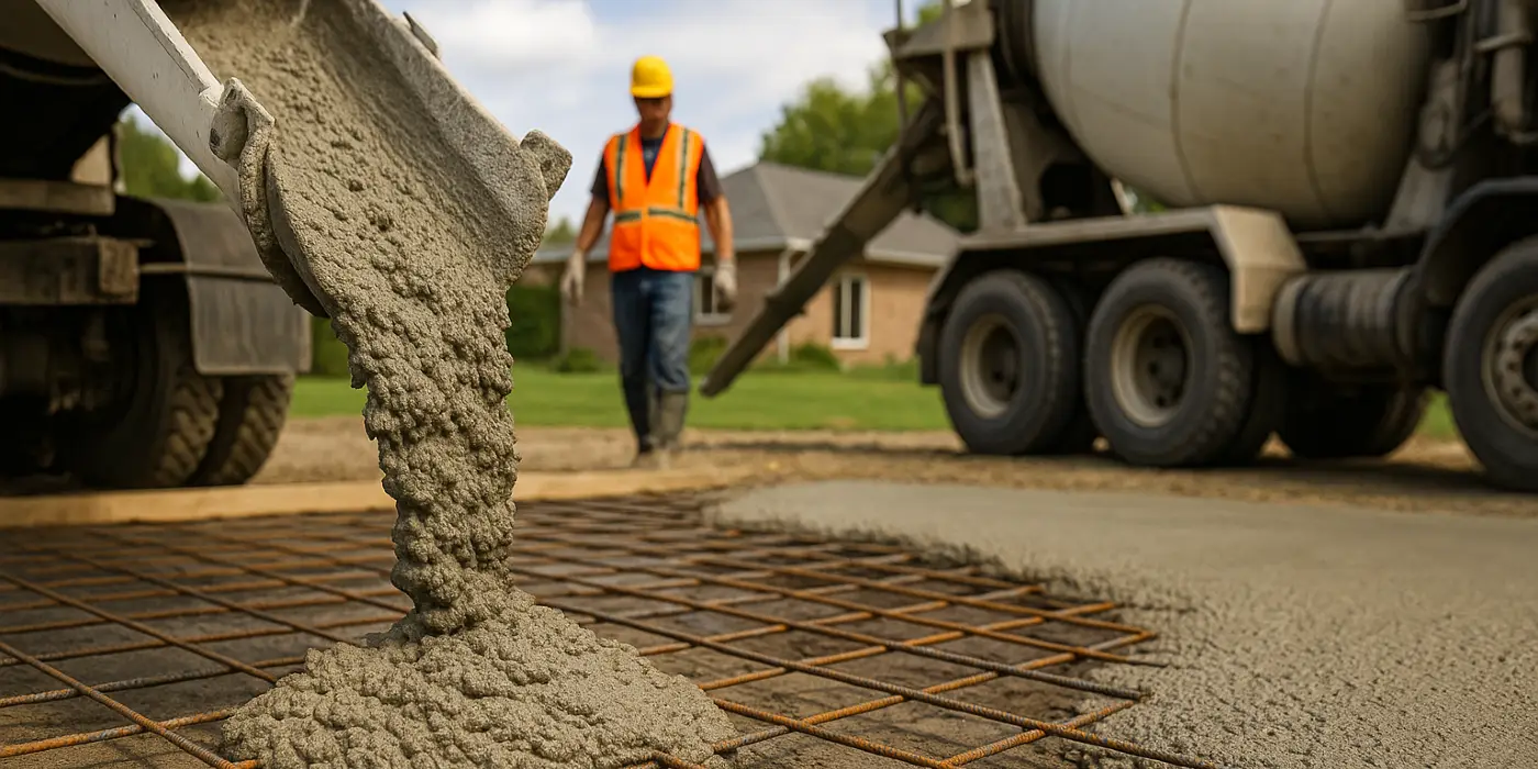 Cement truck pouring cement on a rebared ground from Concrete Contractor Austin in Georgetown, TX - Georgetown TX