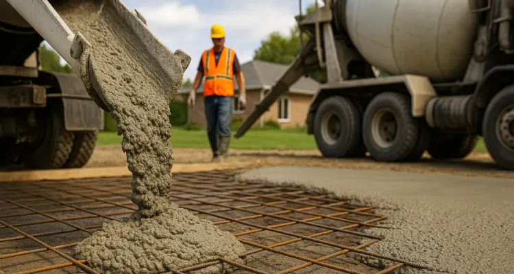 Cement truck pouring cement on a rebared ground from Concrete Contractor Austin in Georgetown, TX - Georgetown TX