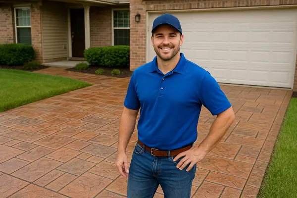 a concrete contractor smiling at the camera with stamped concrete behind him from Concrete Contractor Austin in Round Rock, TX - Round Rock TX