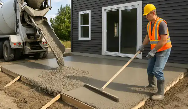 a man spreading the cement a truck is pouring to build a patio from Concrete Contractor Austin in Austin, TX - Stamped Concrete Patios