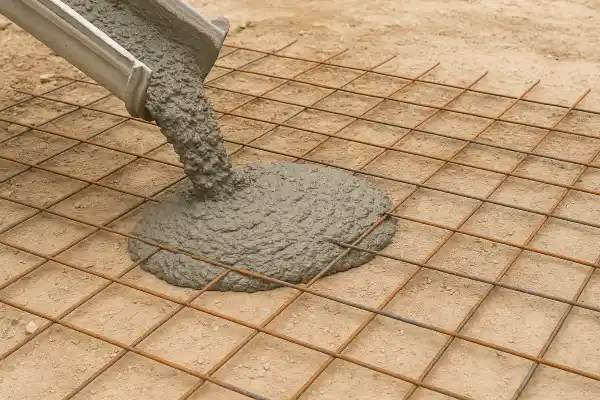 a cement truck pouring cement on a rebared ground from Concrete Contractor Austin in Austin, TX - Stamped Concrete Patios